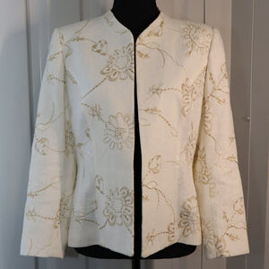 Bernard Zins Paris Open Front Linen Blend Jacket Cream Gold Embroidery Size 10